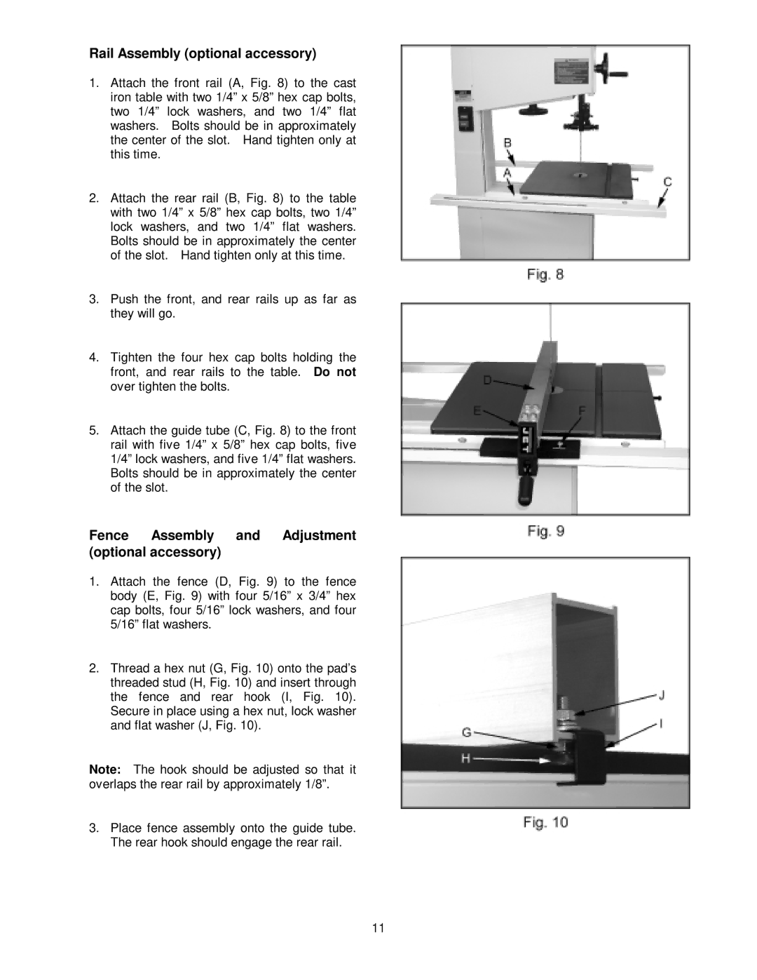 Jet Tools JWBS-16 owner manual Rail Assembly optional accessory, Fence Assembly and Adjustment optional accessory 