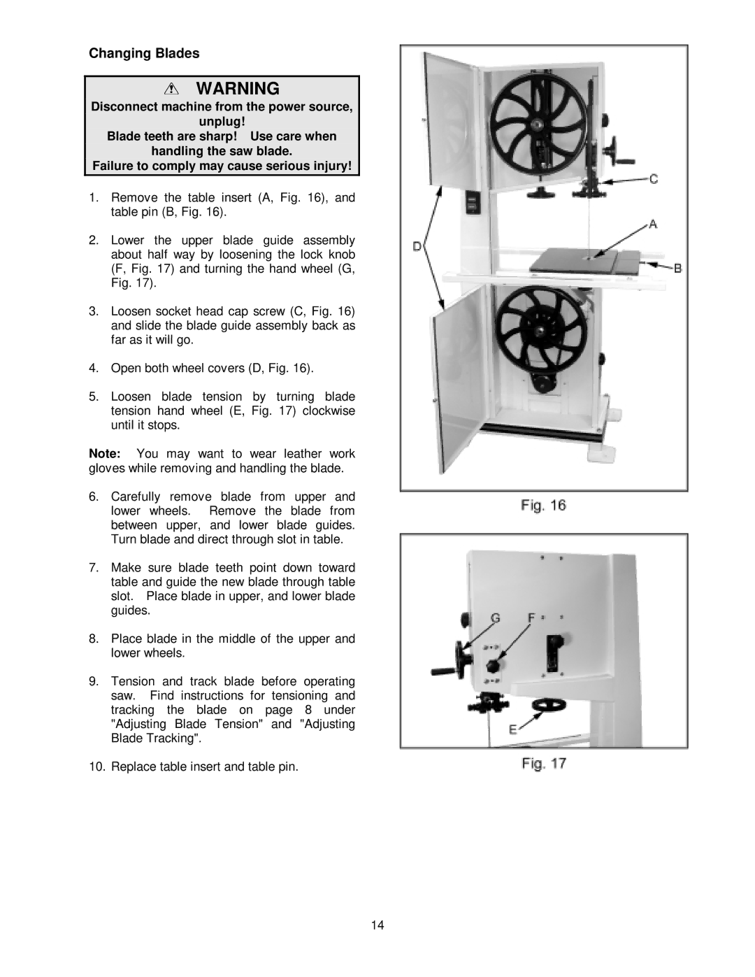 Jet Tools JWBS-16 owner manual Changing Blades 