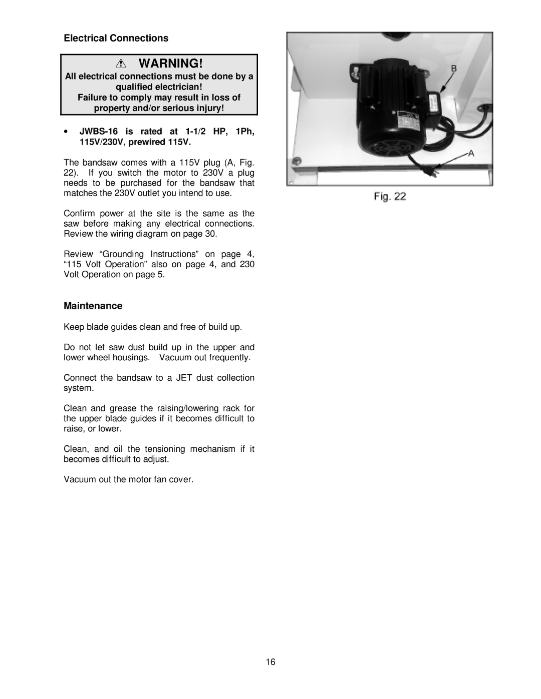 Jet Tools JWBS-16 owner manual Electrical Connections, Maintenance 