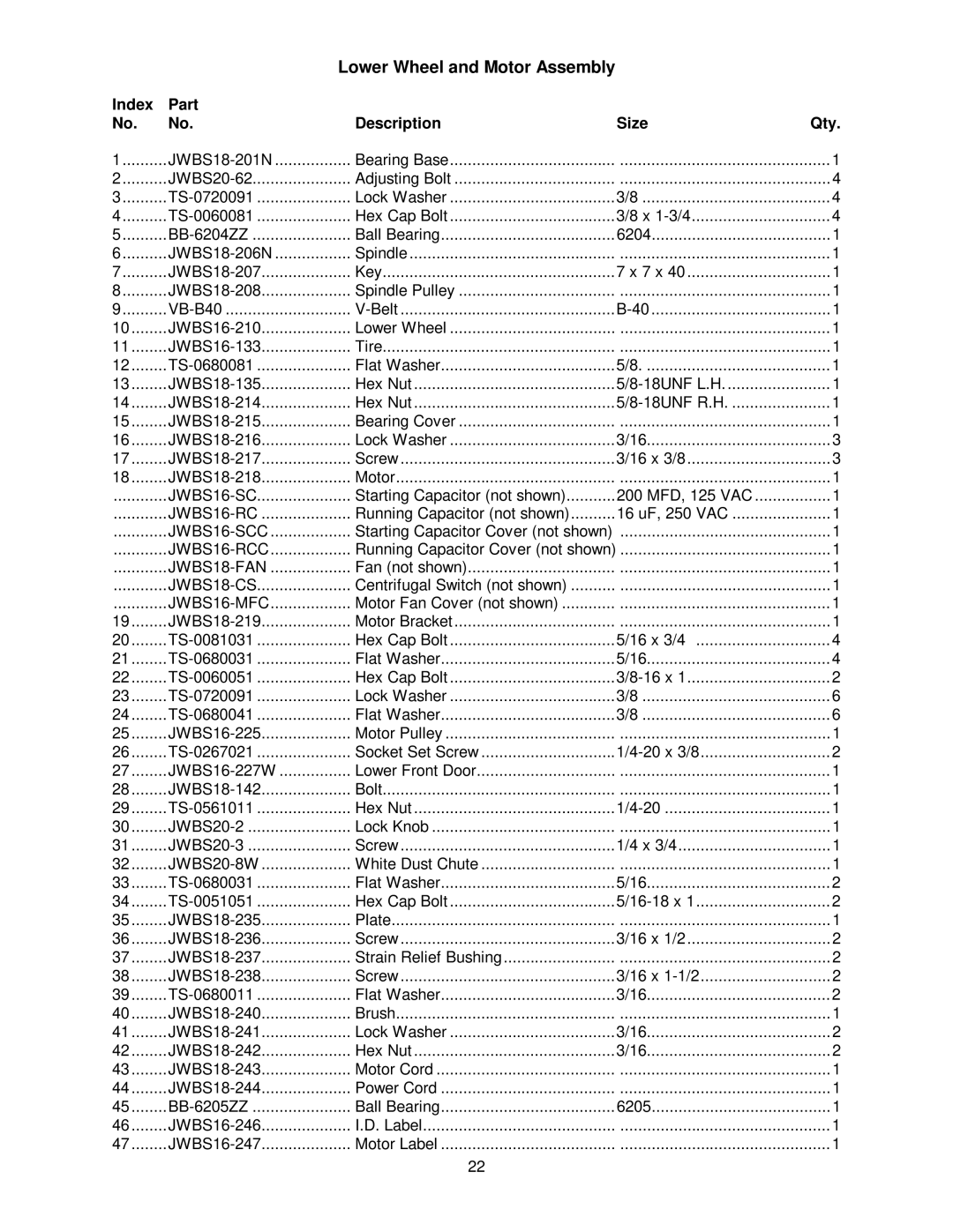 Jet Tools JWBS-16 owner manual JWBS16-SC 