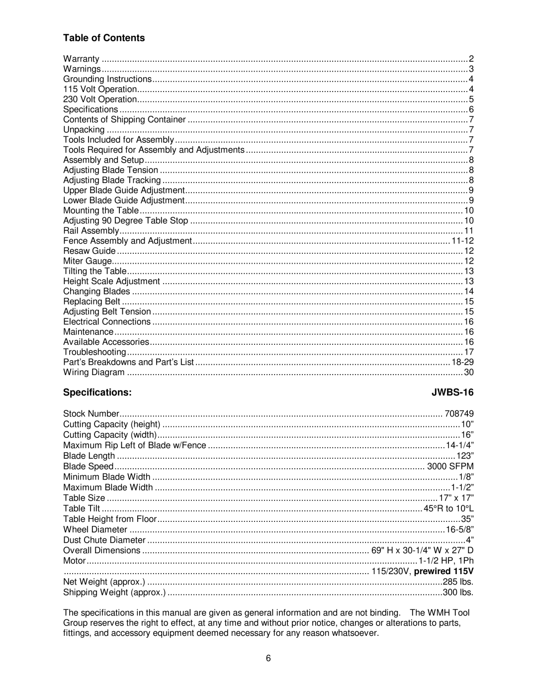 Jet Tools JWBS-16 owner manual Table of Contents, Specifications 