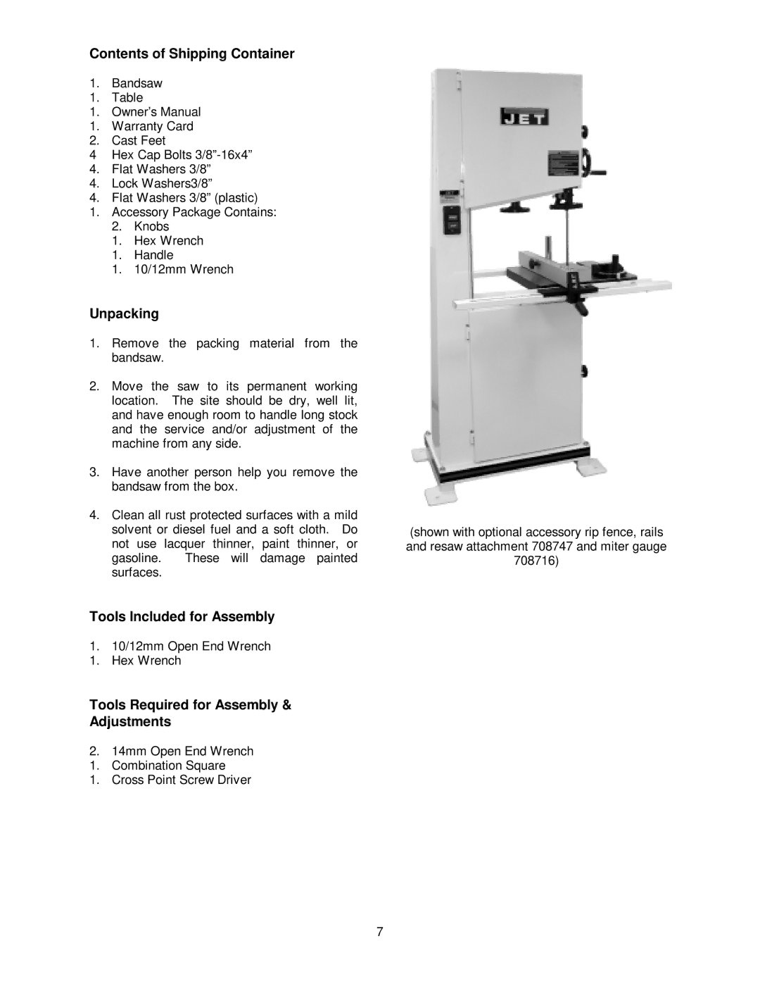 Jet Tools JWBS-16 owner manual Contents of Shipping Container, Unpacking, Tools Included for Assembly 