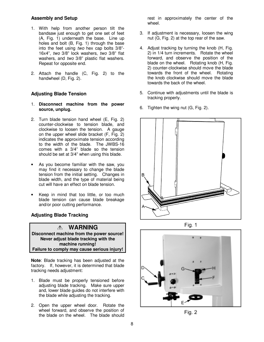 Jet Tools JWBS-16 owner manual Assembly and Setup, Adjusting Blade Tension, Adjusting Blade Tracking 