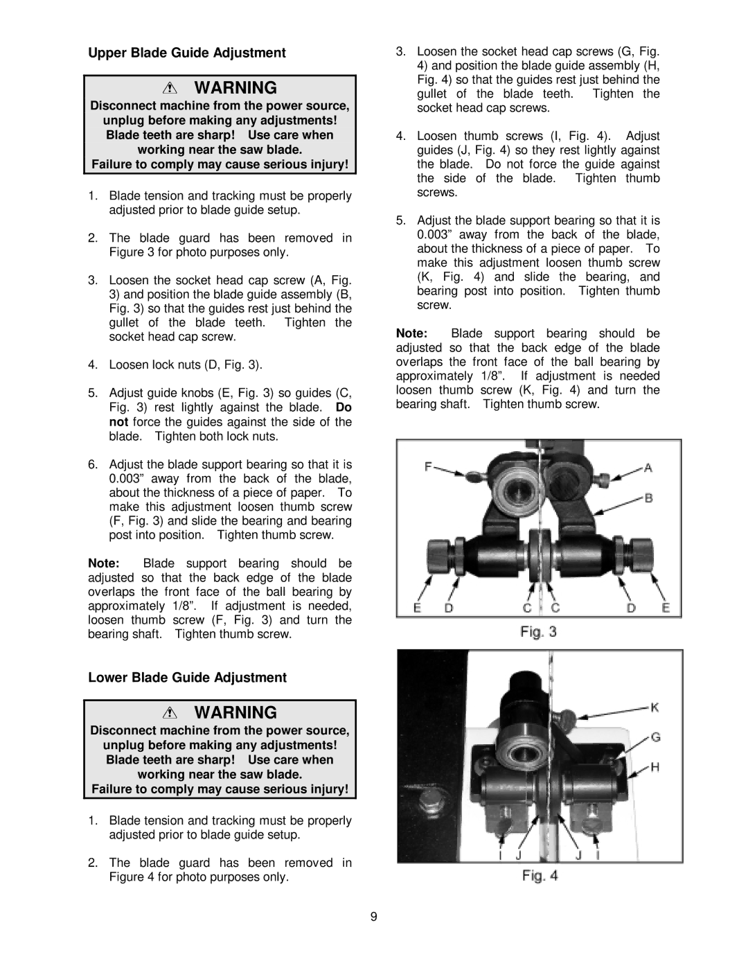 Jet Tools JWBS-16 owner manual Upper Blade Guide Adjustment, Lower Blade Guide Adjustment 