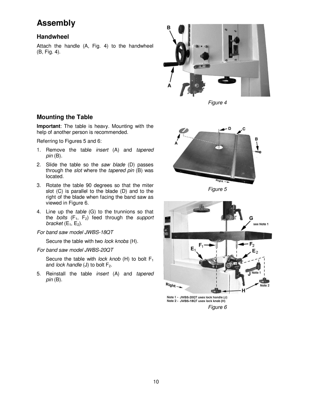 Jet Tools 20QT-5 Assembly, Handwheel, Mounting the Table, For band saw model JWBS-18QT, For band saw model JWBS-20QT 