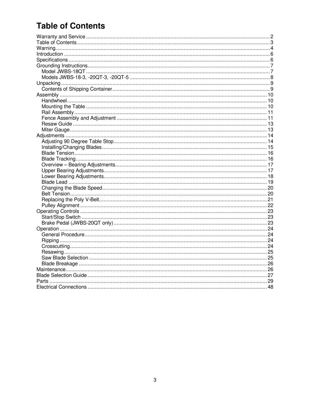 Jet Tools JWBS-20QT, JWBS-18QT, 20QT-5, 20QT-3, 18QT-3 operating instructions Table of Contents 