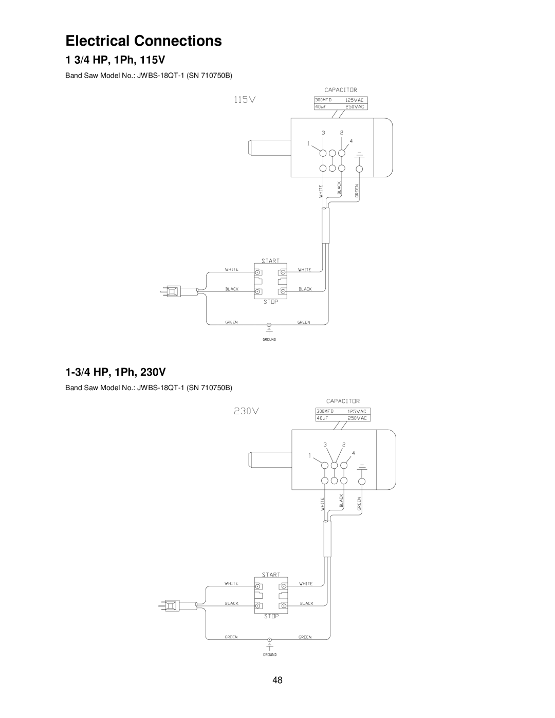 Jet Tools JWBS-20QT, JWBS-18QT, 20QT-5, 20QT-3, 18QT-3 operating instructions Electrical Connections, 4 HP, 1Ph 