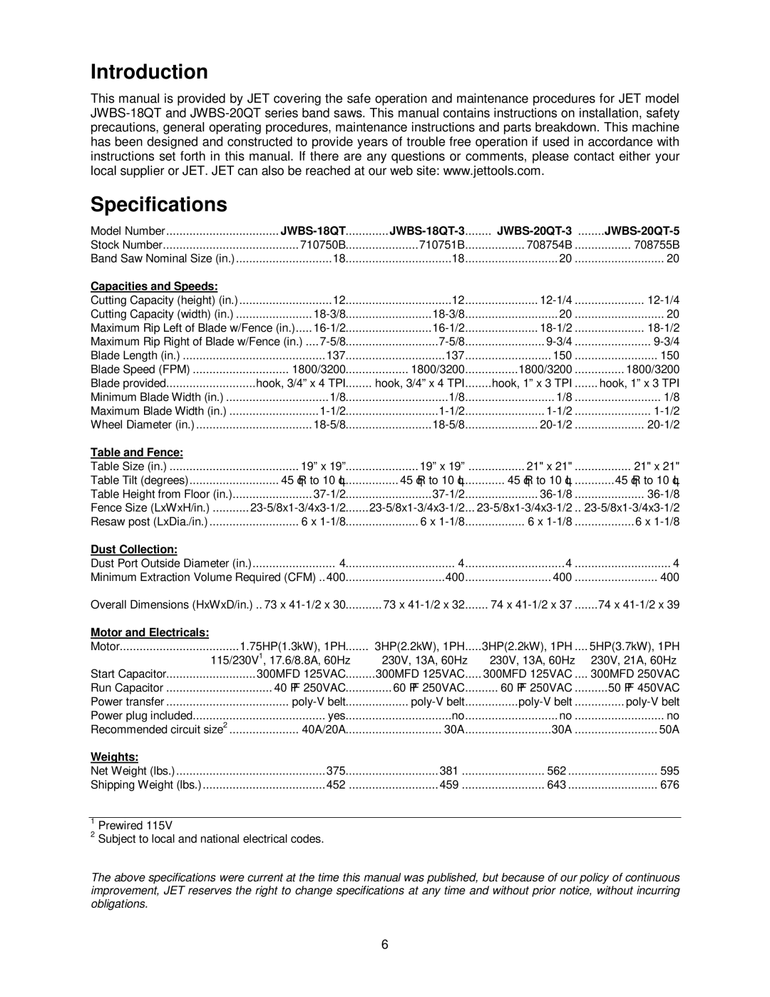 Jet Tools 20QT-5 operating instructions Introduction Specifications, JWBS-18QT-3 JWBS-20QT-3 