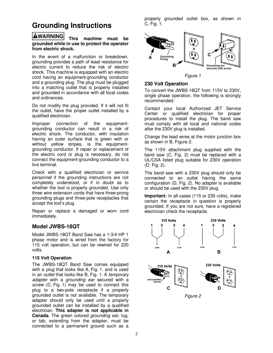 Jet Tools 20QT-3, 20QT-5, JWBS-20QT, 18QT-3 operating instructions Grounding Instructions, Model JWBS-18QT 