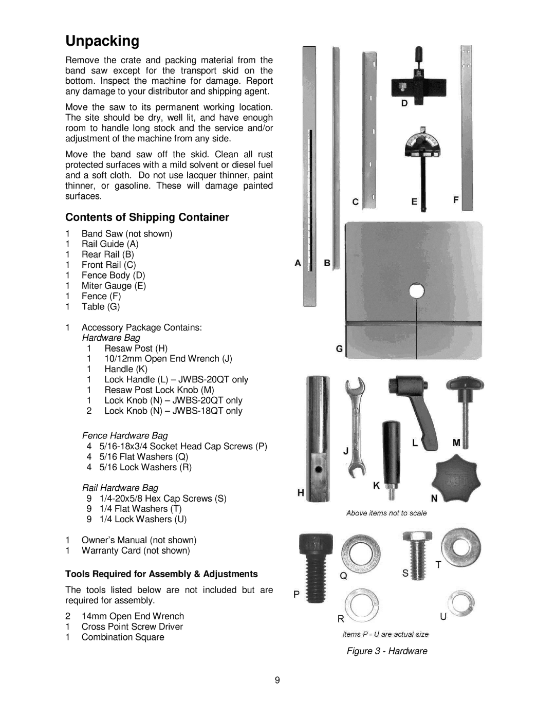 Jet Tools 18QT-3, JWBS-18QT, 20QT-5, 20QT-3, JWBS-20QT operating instructions Unpacking, Contents of Shipping Container 