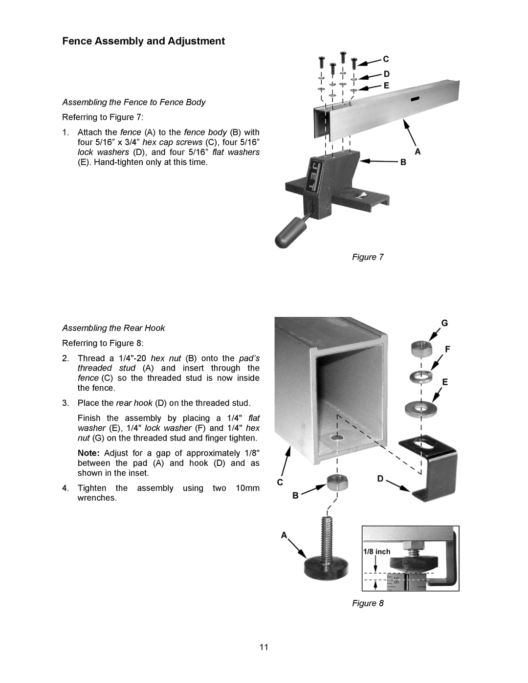 Jet Tools JWBS-18X-3 operating instructions Fence Assembly and Adjustment, Assembling the Fence to Fence Body 