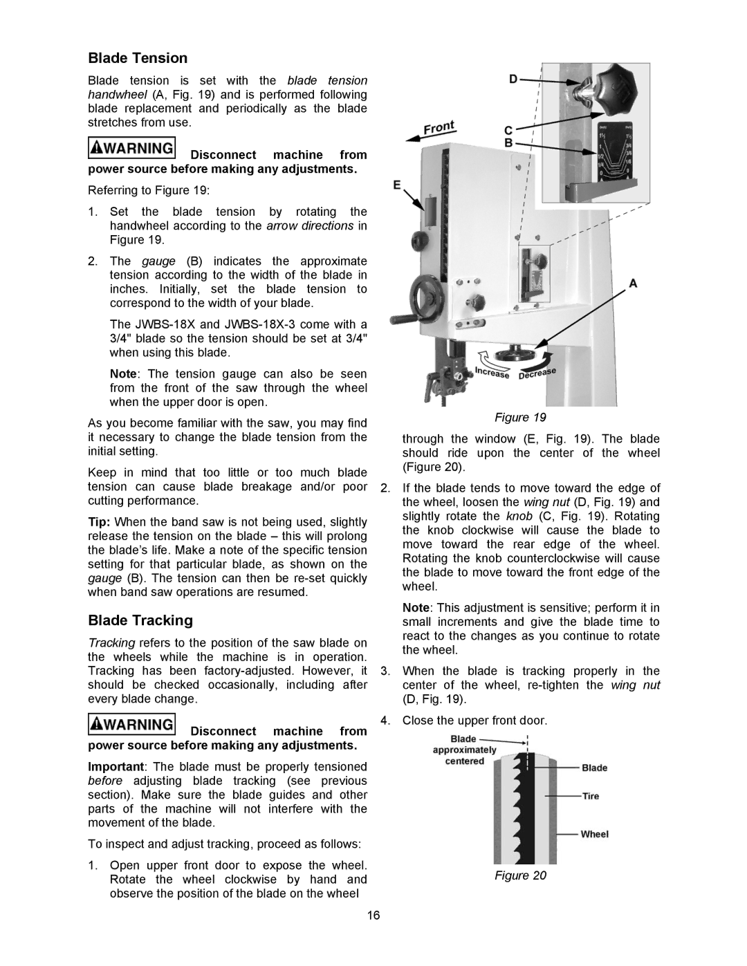 Jet Tools JWBS-18X-3 operating instructions Blade Tension, Blade Tracking 