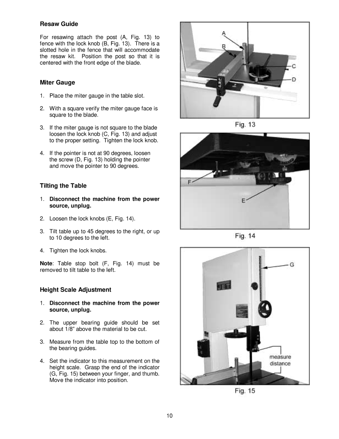 Jet Tools JWBS-20 owner manual Resaw Guide, Miter Gauge, Tilting the Table, Height Scale Adjustment 