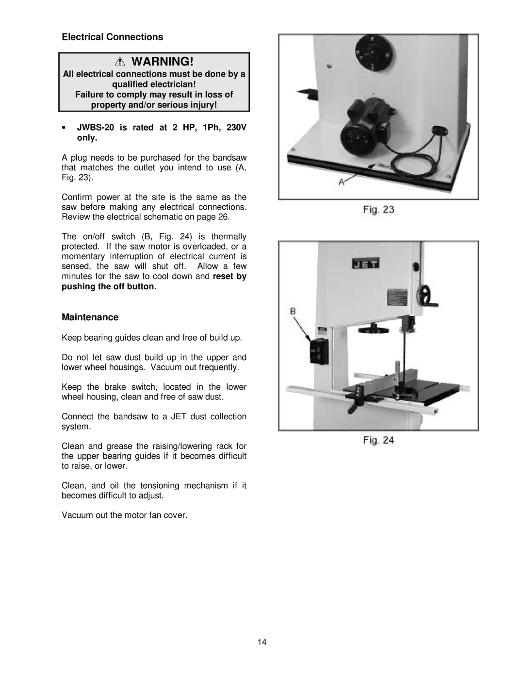 Jet Tools JWBS-20 owner manual Electrical Connections, Maintenance 