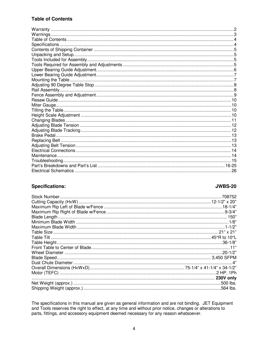 Jet Tools JWBS-20 owner manual Table of Contents, Specifications 