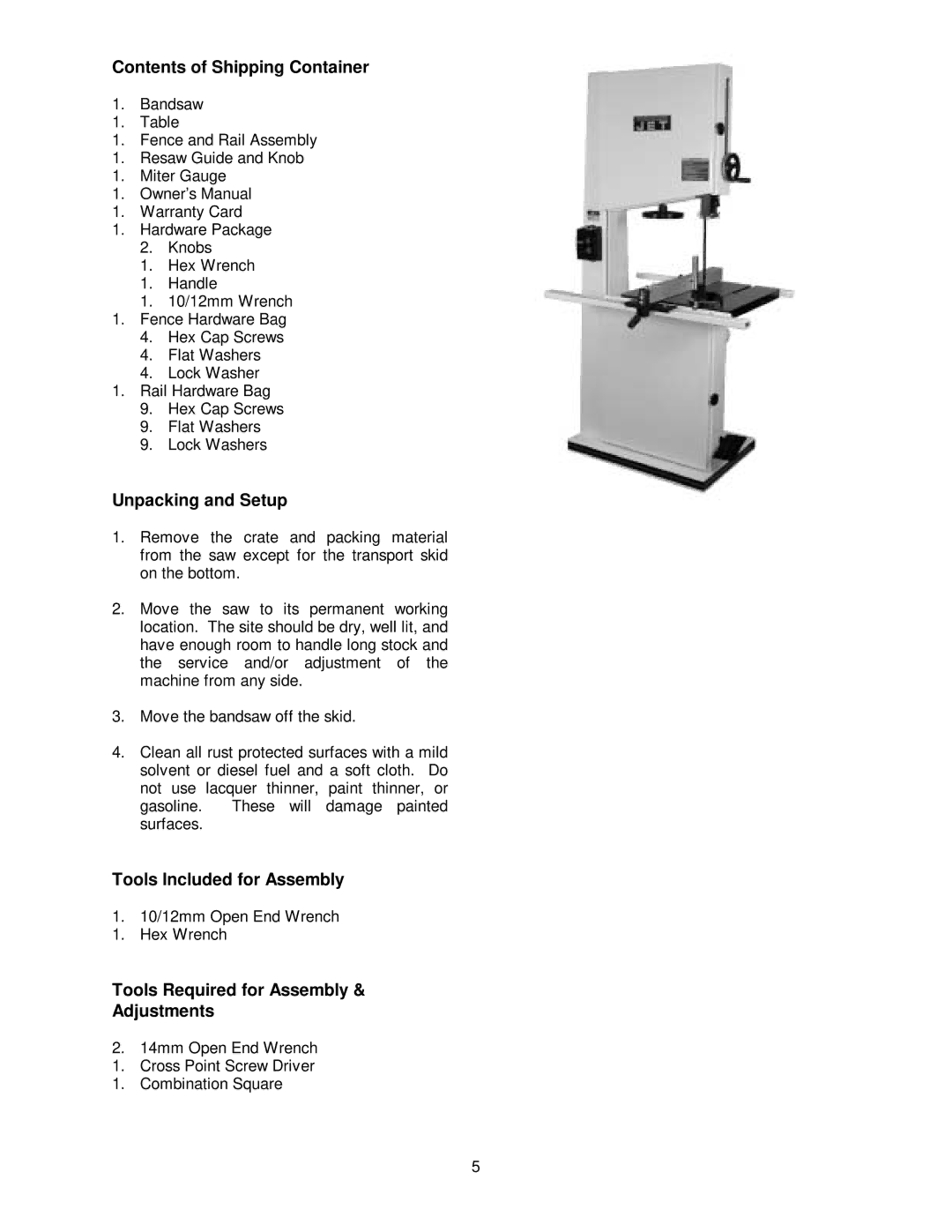 Jet Tools JWBS-20 owner manual Contents of Shipping Container, Unpacking and Setup, Tools Included for Assembly 