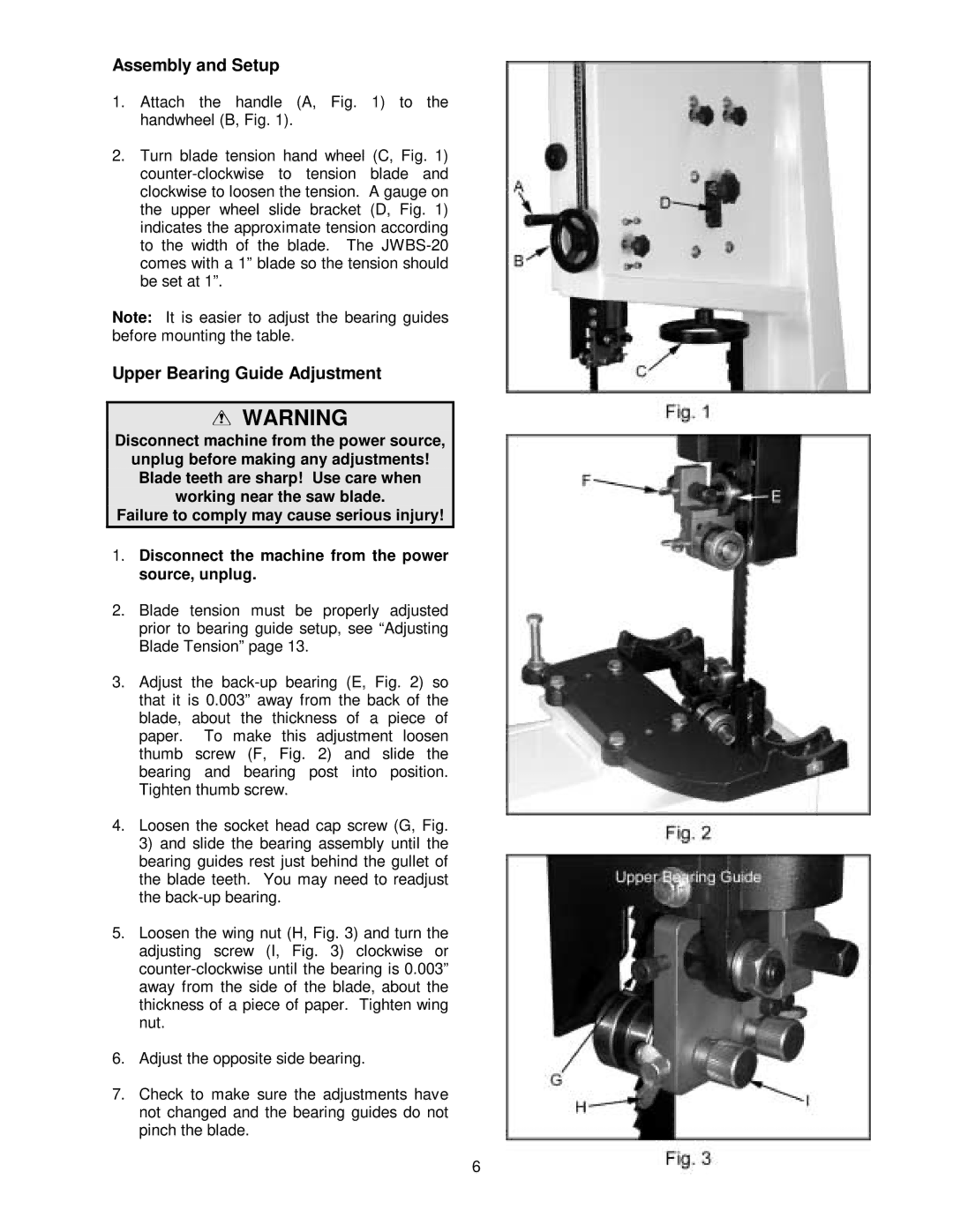 Jet Tools JWBS-20 owner manual Assembly and Setup, Upper Bearing Guide Adjustment 