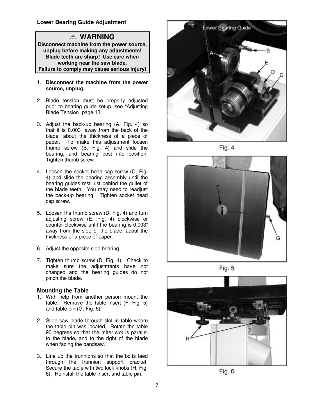 Jet Tools JWBS-20 owner manual Lower Bearing Guide Adjustment, Mounting the Table 