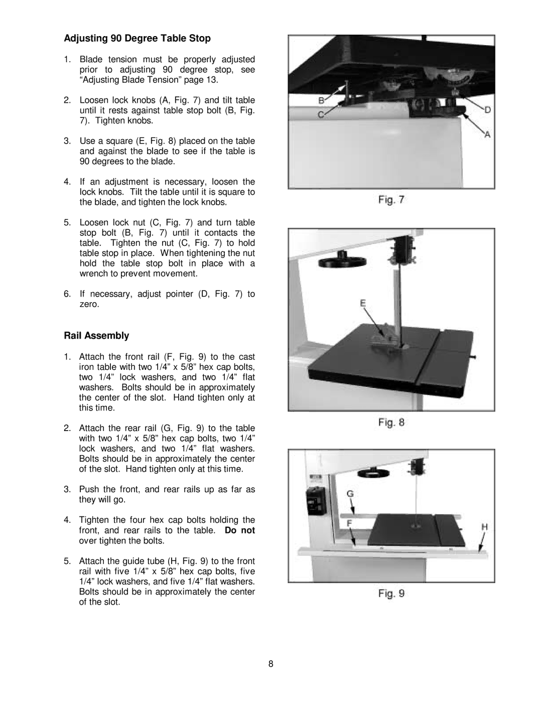 Jet Tools JWBS-20 owner manual Adjusting 90 Degree Table Stop, Rail Assembly 