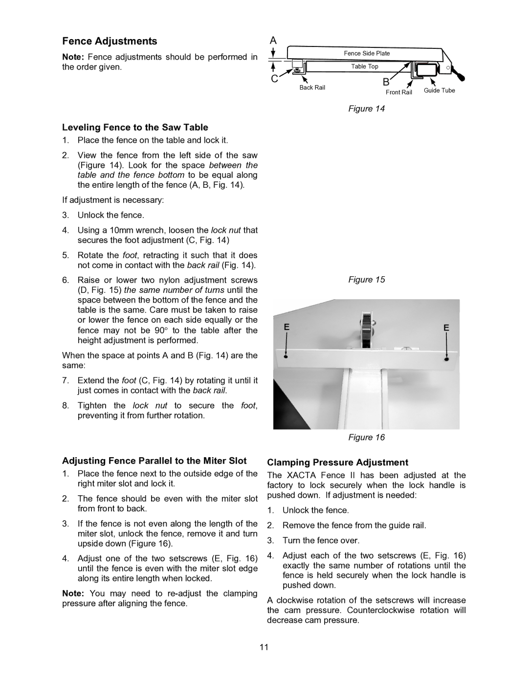 Jet Tools JWCS-10 owner manual Fence Adjustments, Leveling Fence to the Saw Table 