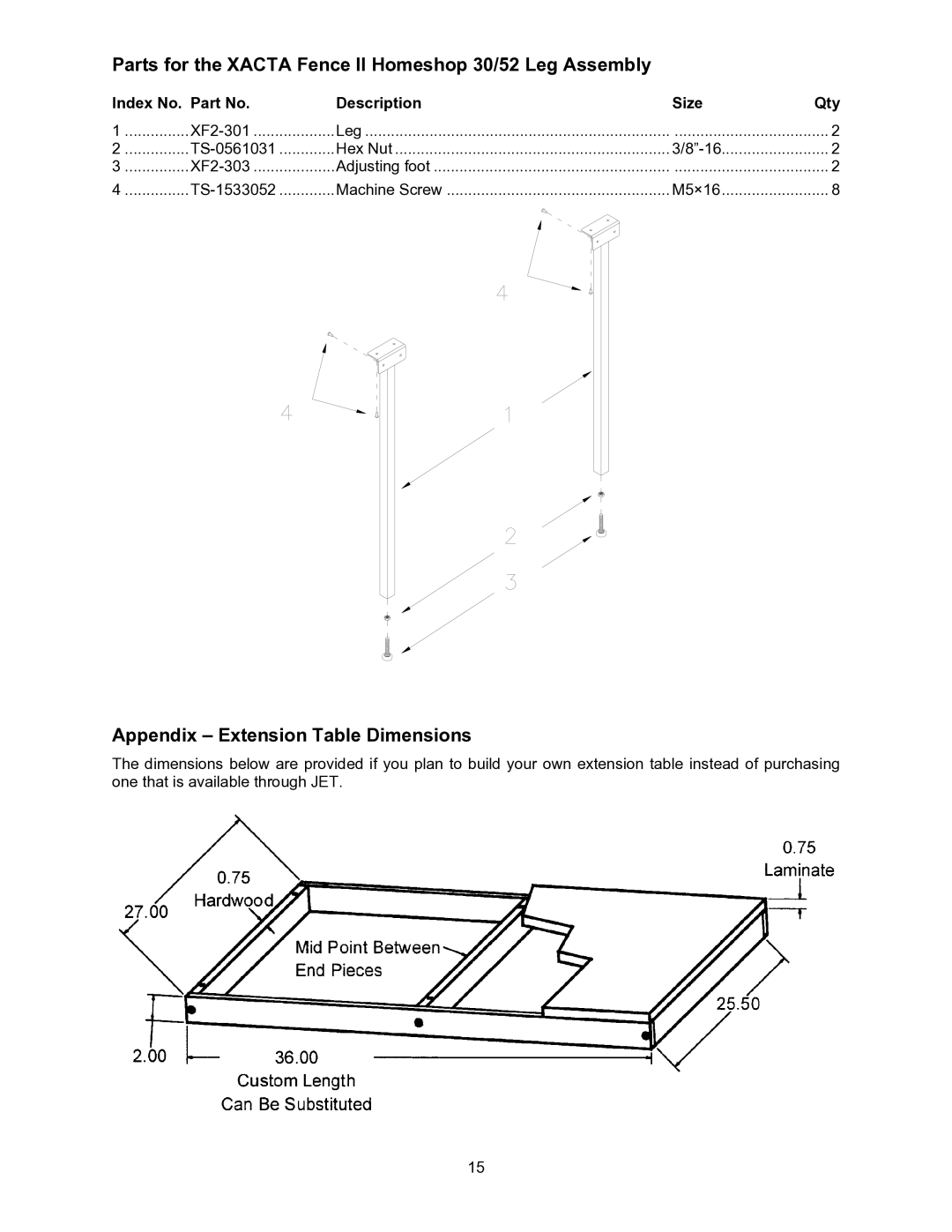 Jet Tools JWCS-10 Parts for the Xacta Fence II Homeshop 30/52 Leg Assembly, Appendix Extension Table Dimensions 