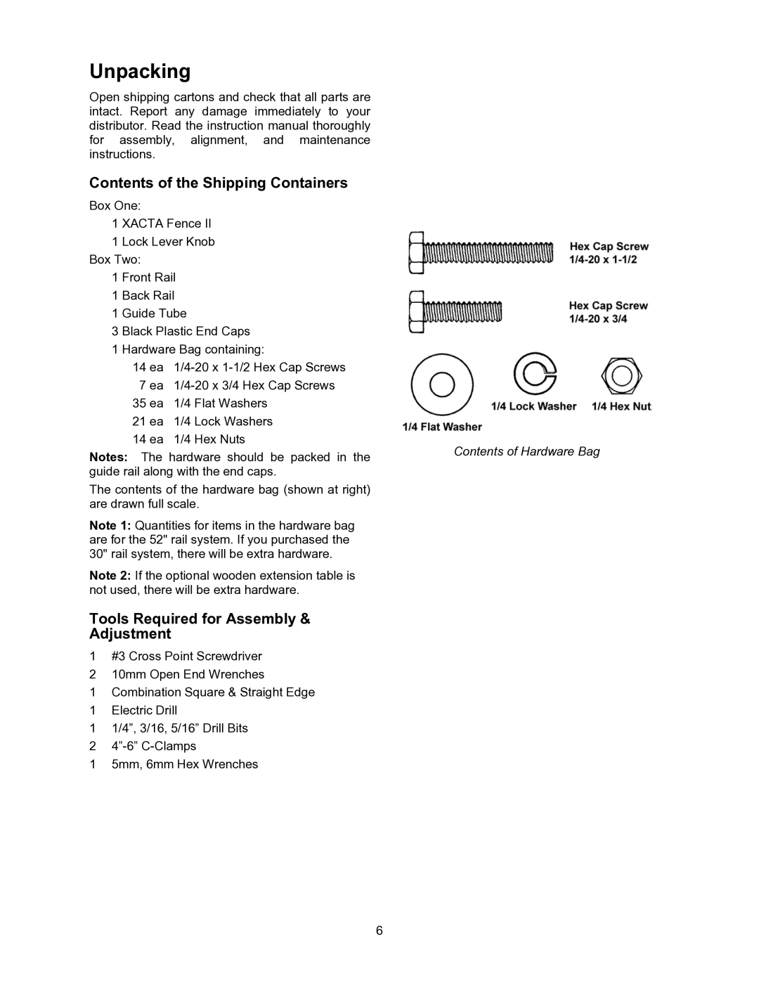 Jet Tools JWCS-10 owner manual Unpacking, Contents of the Shipping Containers, Tools Required for Assembly Adjustment 