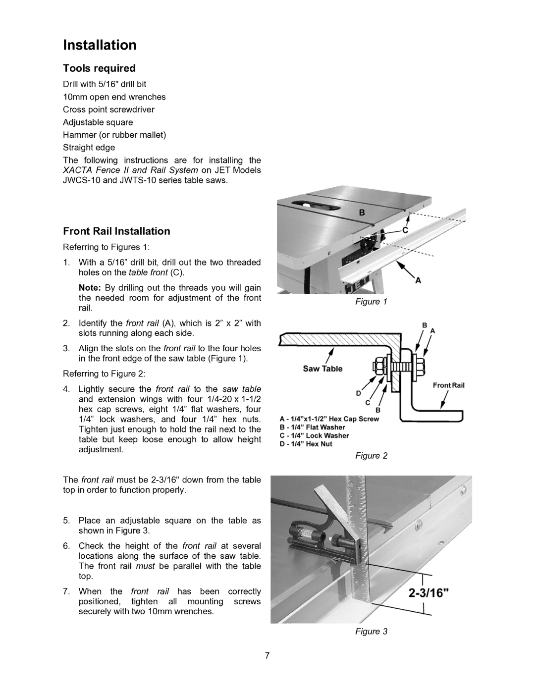 Jet Tools JWCS-10 owner manual Tools required, Front Rail Installation 