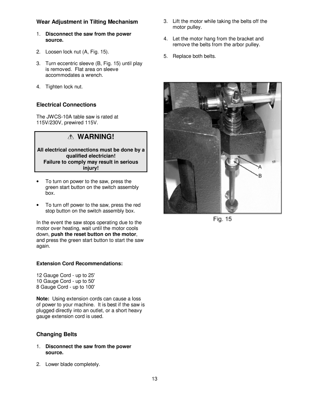 Jet Tools JWCS-10A owner manual Wear Adjustment in Tilting Mechanism, Electrical Connections, Changing Belts 