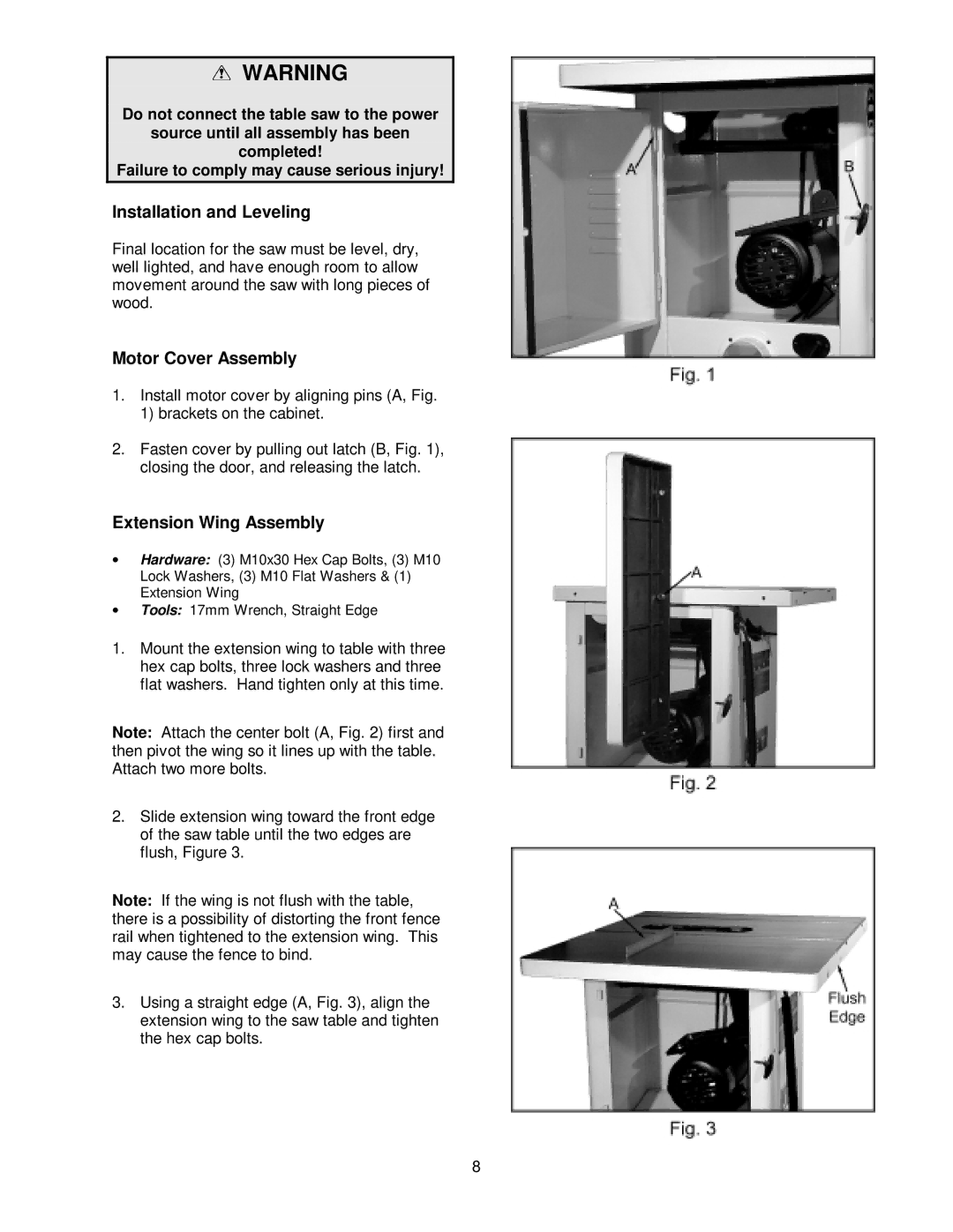 Jet Tools JWCS-10A owner manual Installation and Leveling, Motor Cover Assembly, Extension Wing Assembly 