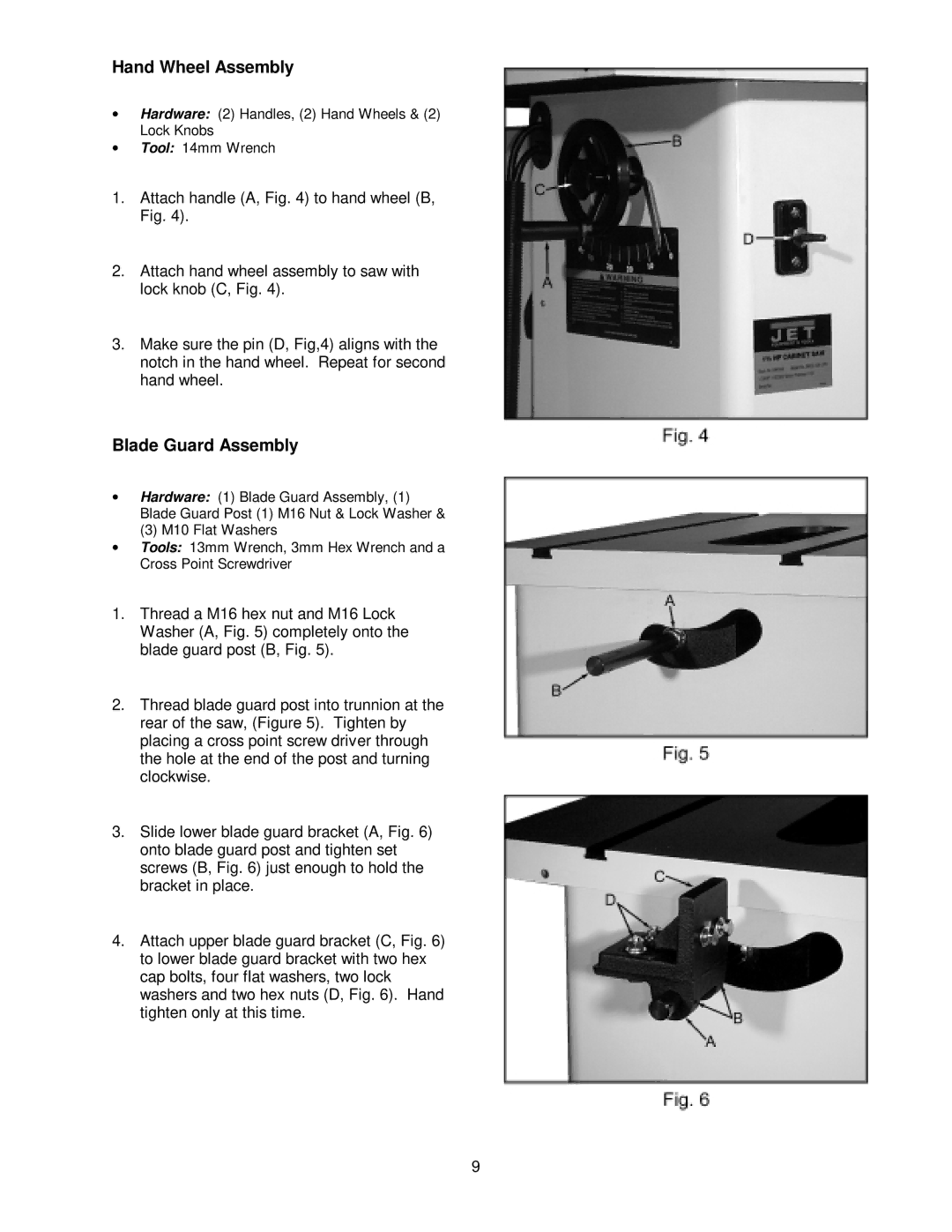 Jet Tools JWCS-10A owner manual Hand Wheel Assembly, Blade Guard Assembly 