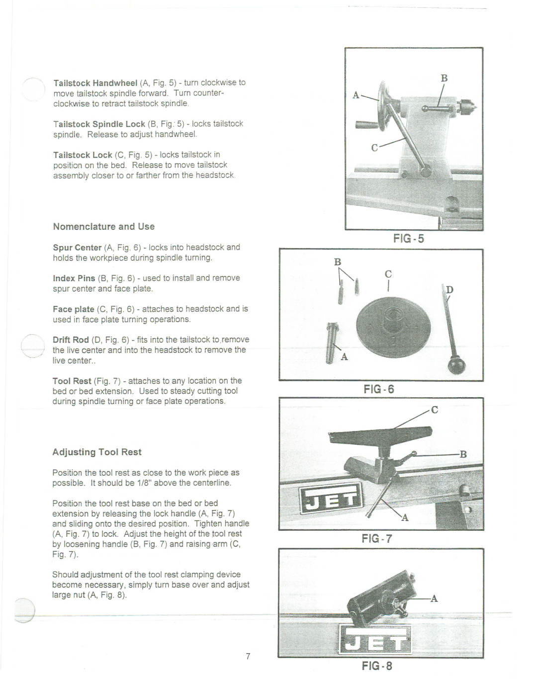 Jet Tools JWL-1236 manual Nomenclature and Use, Adjusting Tool Rest 