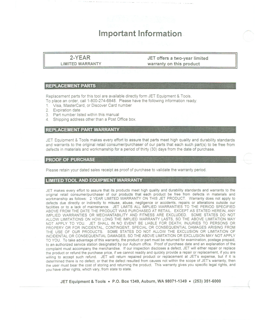 Jet Tools JWL-1236 manual Important Information 