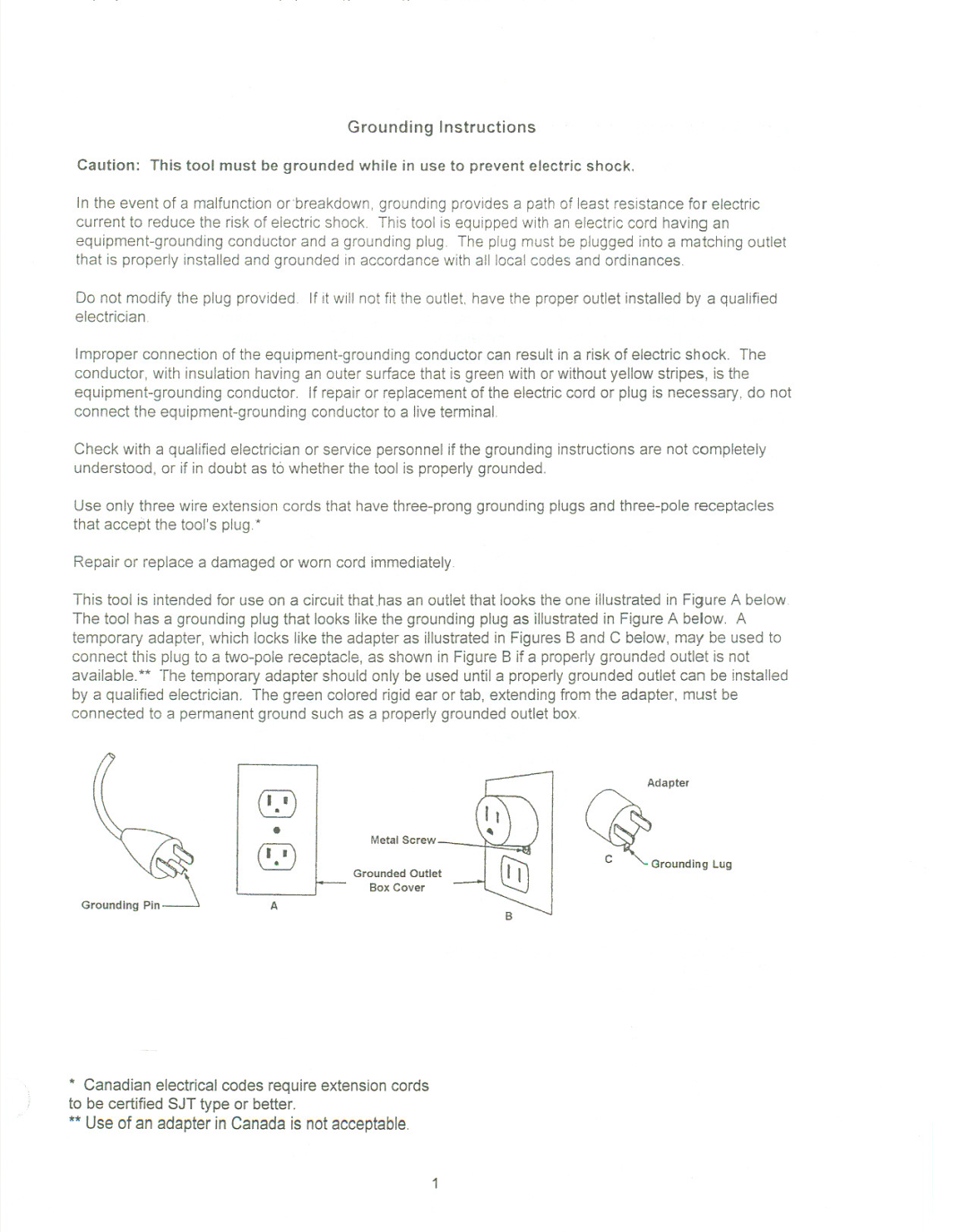 Jet Tools JWL-1236 manual Grounding Instructions 