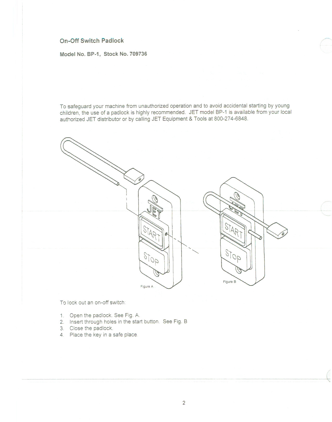 Jet Tools JWL-1236 manual On-Off Switch Padlock Model No. BP-1, Stock No 