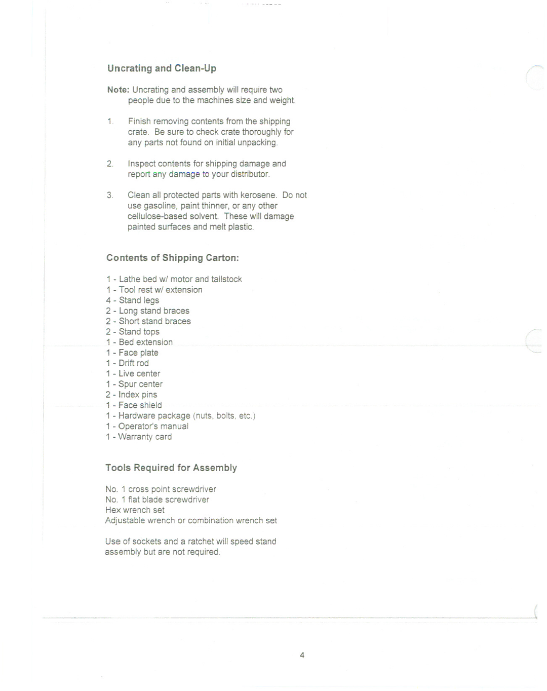 Jet Tools JWL-1236 manual Uncrating and Clean-Up, Contents of Shipping Carton, Tools Required for Assembly 