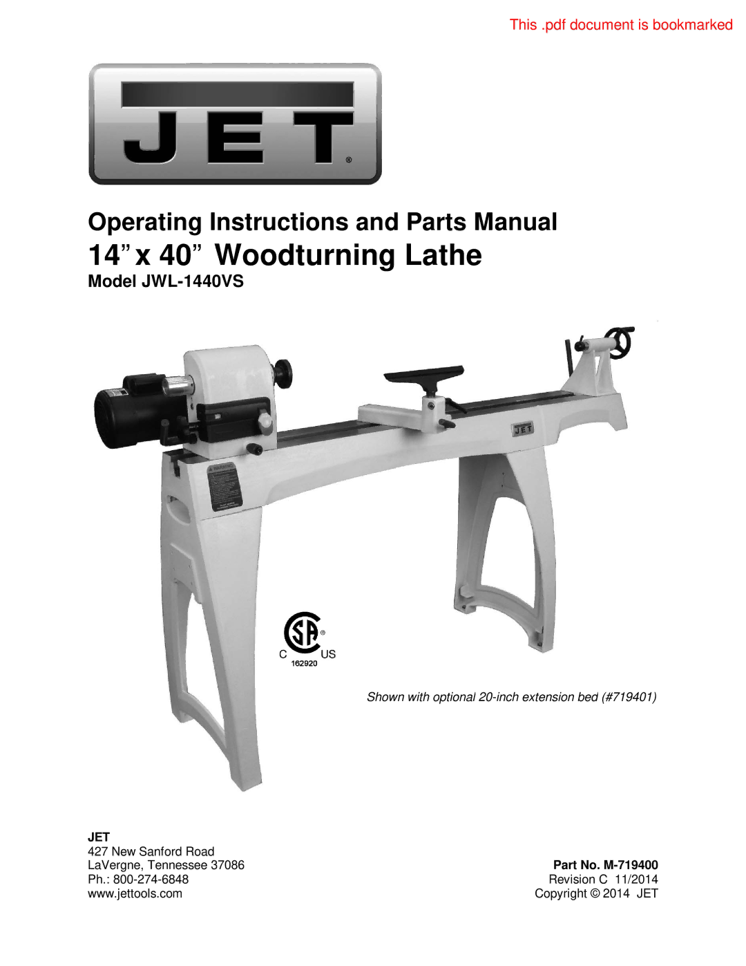 Jet Tools JWL-1440VS operating instructions 14x 40 Woodturning Lathe, Part No. M-719400 