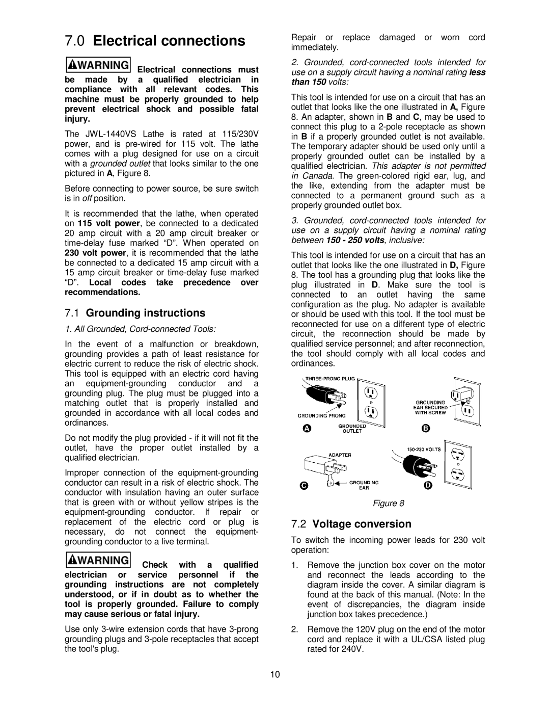 Jet Tools JWL-1440VS operating instructions Electrical connections, Grounding instructions, Voltage conversion 