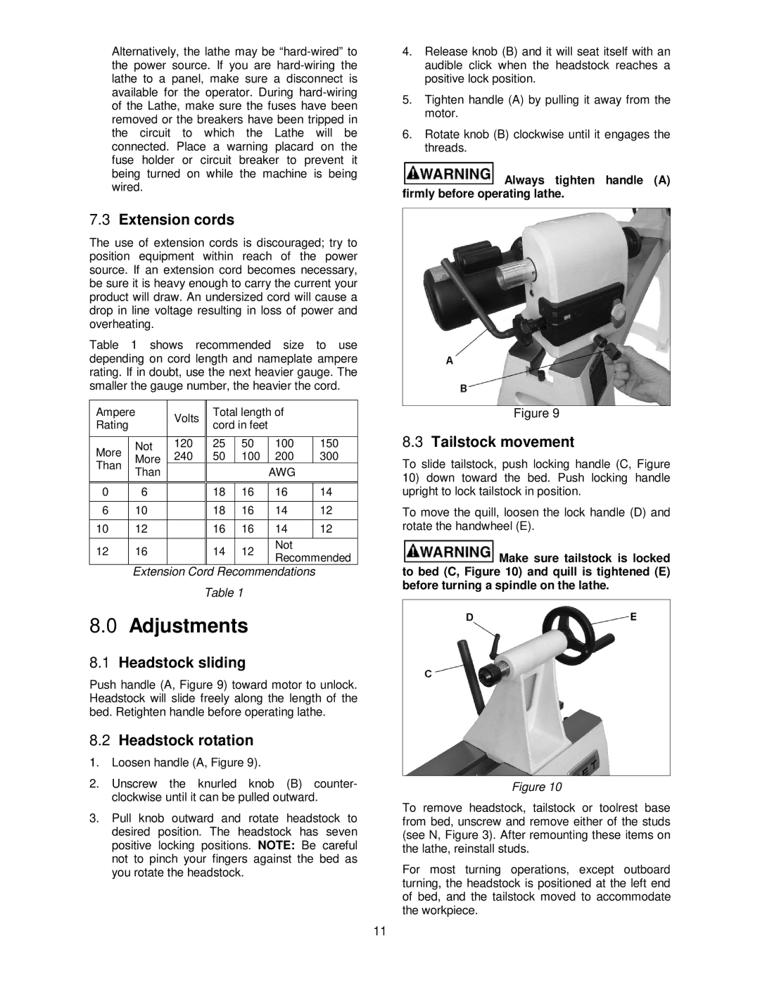 Jet Tools JWL-1440VS Adjustments, Extension cords, Headstock sliding, Headstock rotation, Tailstock movement 