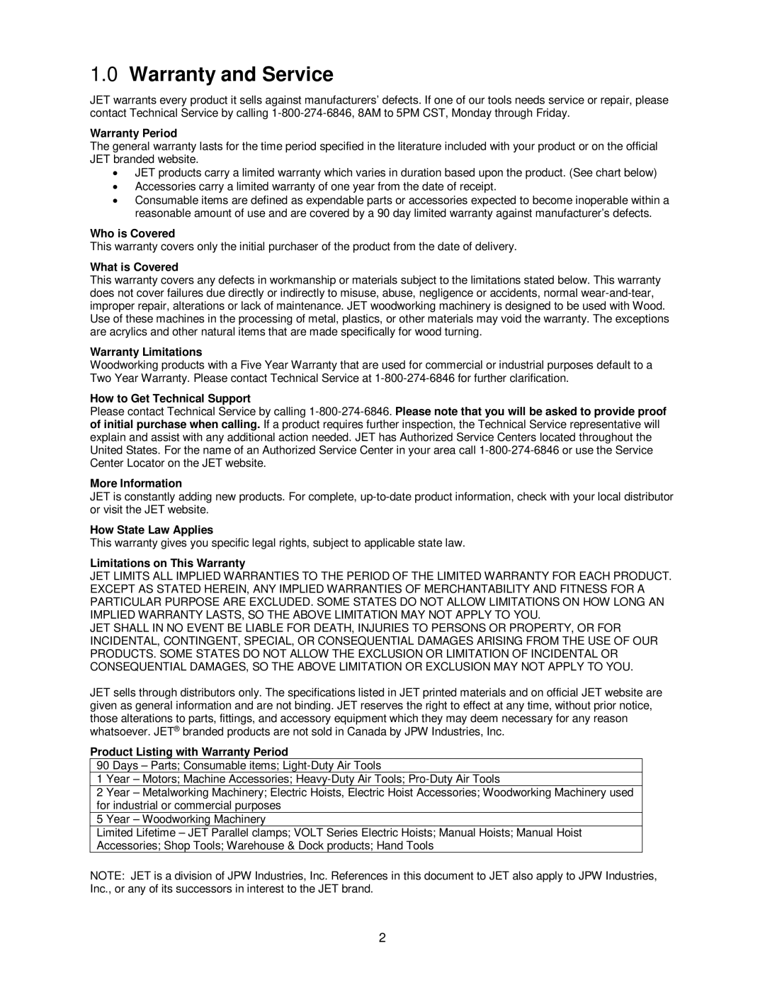 Jet Tools JWL-1440VS operating instructions Warranty and Service, Warranty Period 