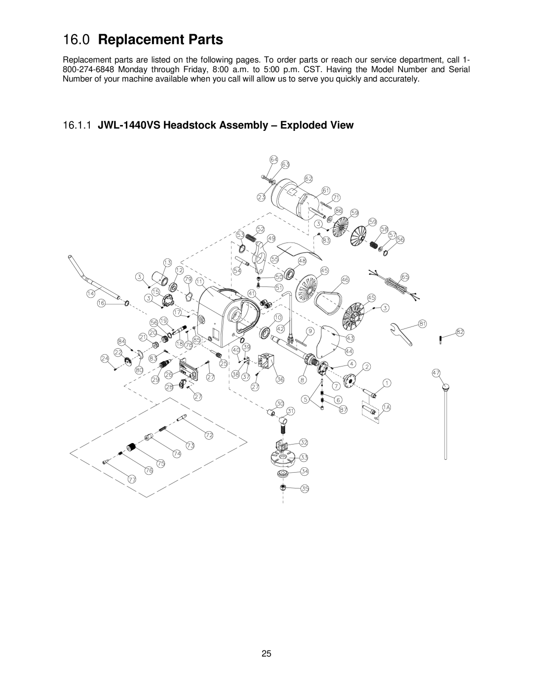 Jet Tools operating instructions Replacement Parts, JWL-1440VS Headstock Assembly Exploded View 