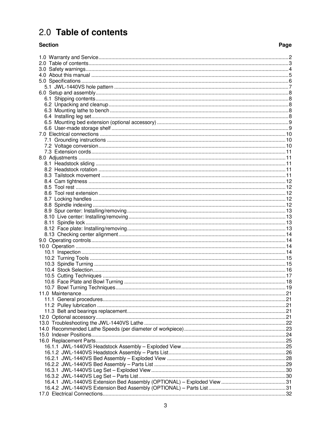 Jet Tools JWL-1440VS operating instructions Table of contents 