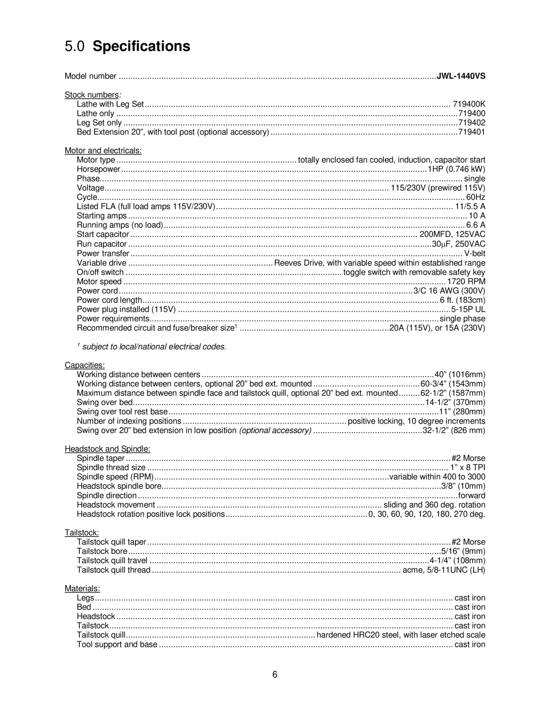 Jet Tools JWL-1440VS operating instructions Specifications 