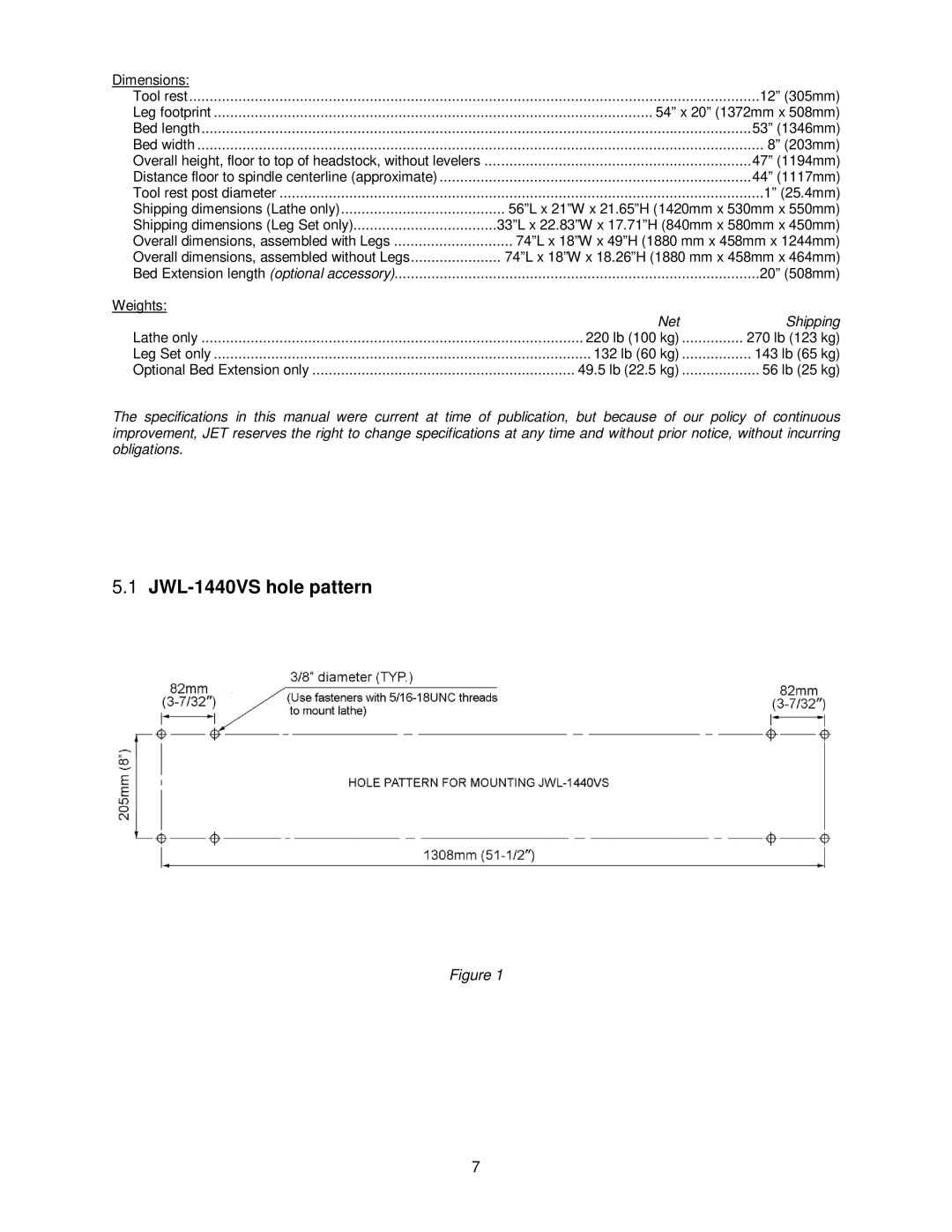 Jet Tools operating instructions JWL-1440VS hole pattern, Shipping 