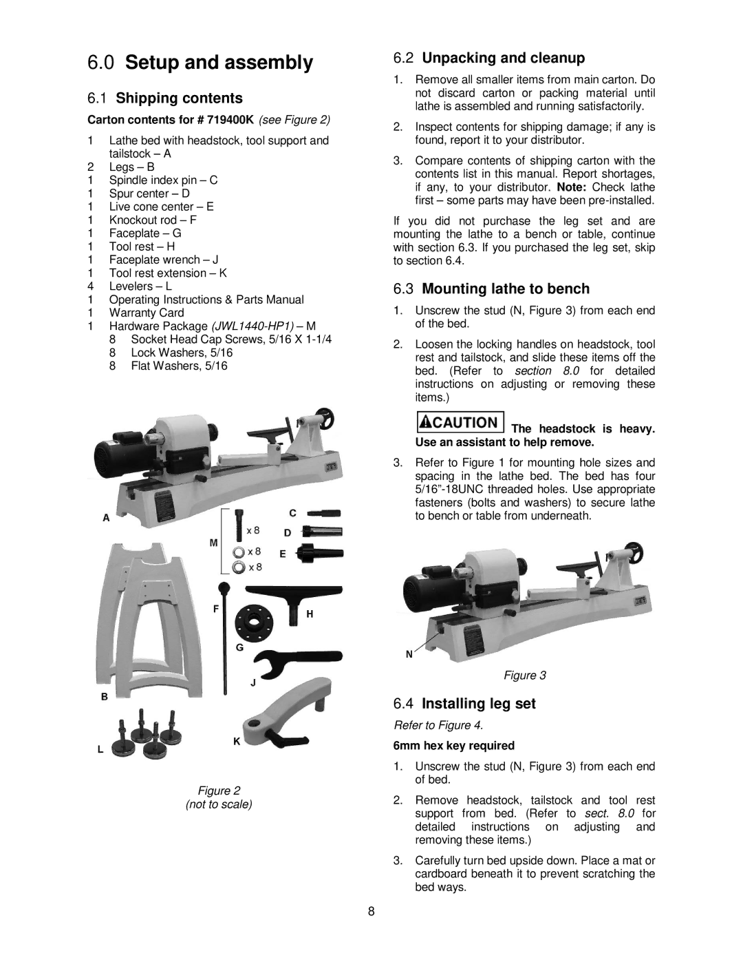 Jet Tools JWL-1440VS Setup and assembly, Shipping contents, Unpacking and cleanup, Mounting lathe to bench 