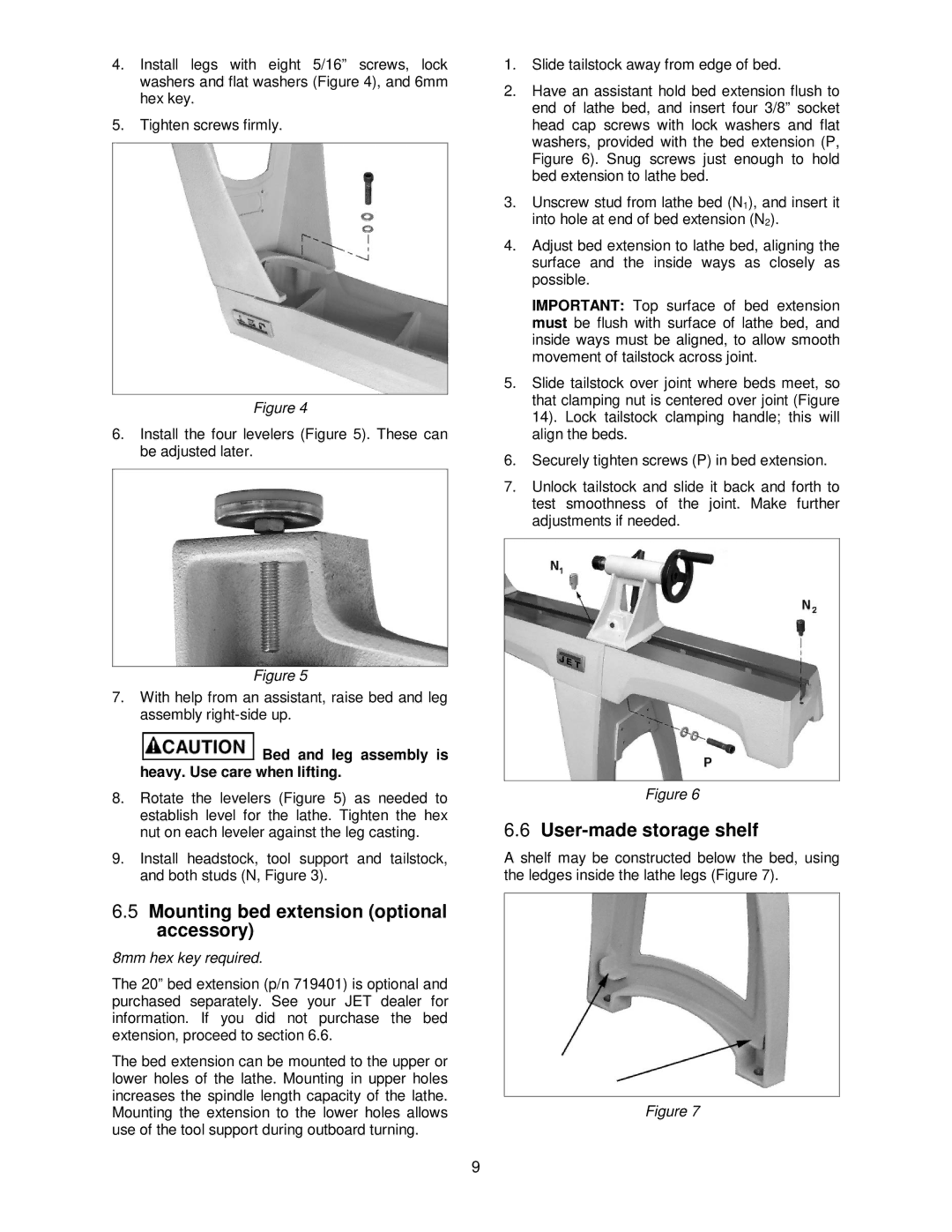 Jet Tools JWL-1440VS operating instructions Mounting bed extension optional accessory, User-made storage shelf 