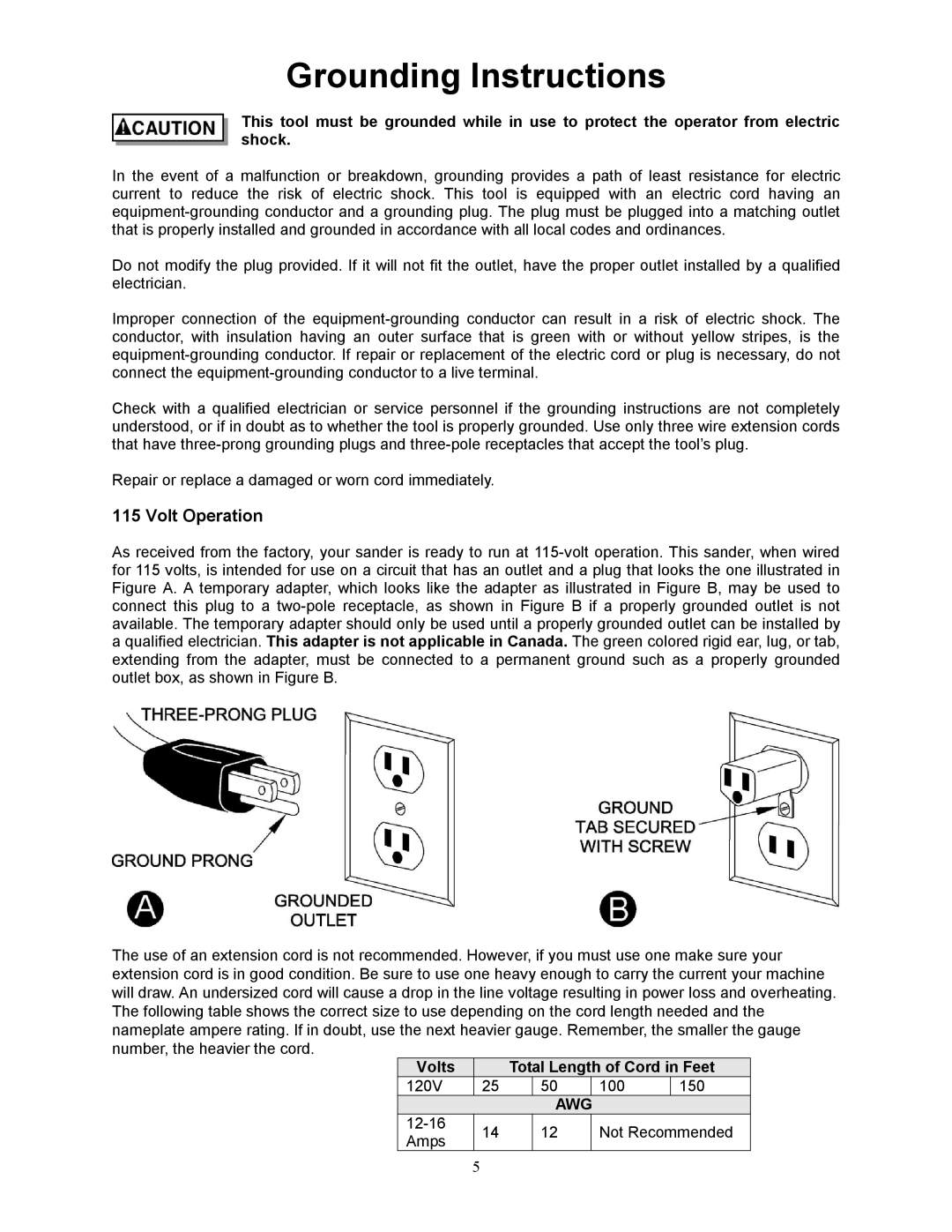 Jet Tools JWL-1442VS operating instructions Volt Operation, Volts Total Length of Cord in Feet 