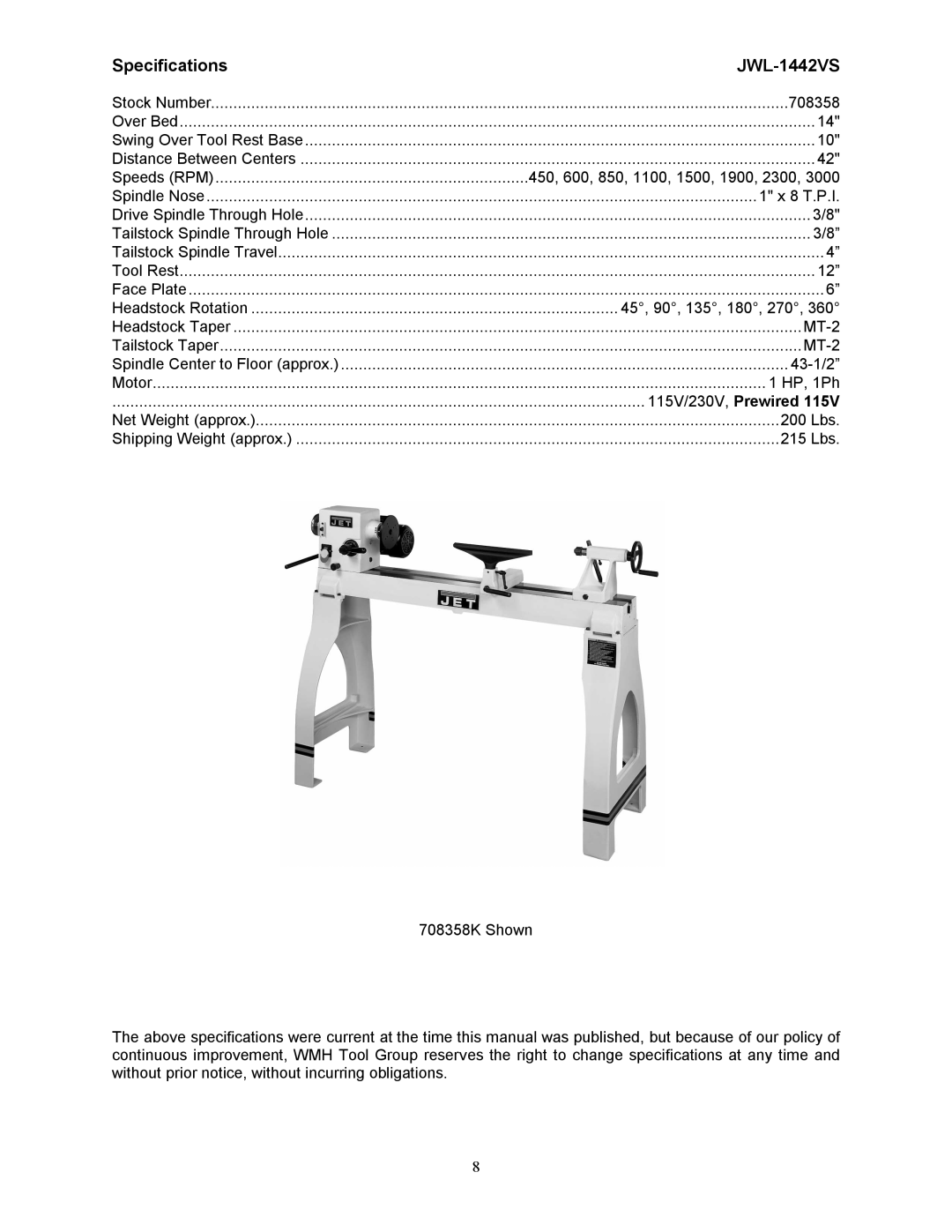 Jet Tools operating instructions Specifications JWL-1442VS, 115V/230V, Prewired 