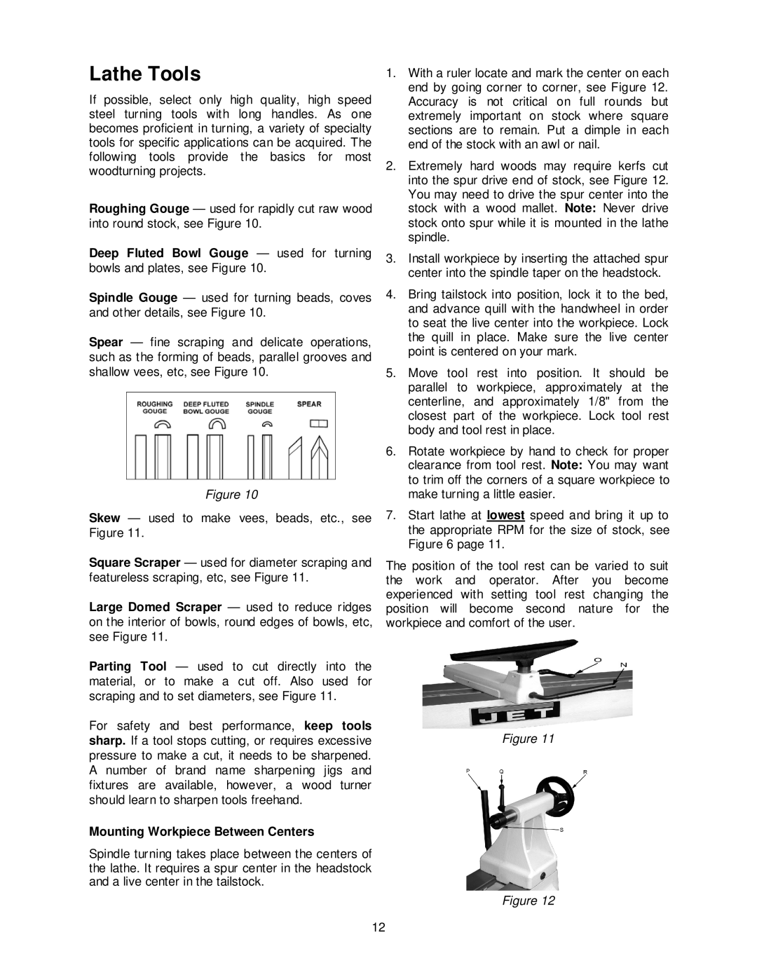 Jet Tools JWL-1442VS operating instructions Lathe Tools, Mounting Workpiece Between Centers 