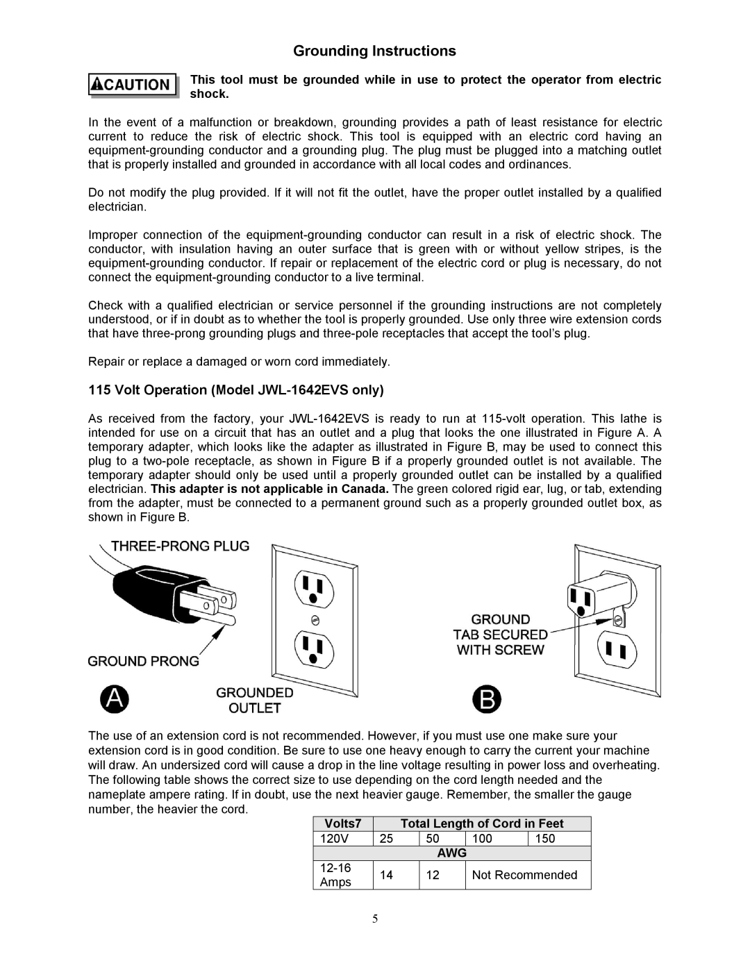 Jet Tools JWL-1642EVS-2 operating instructions Volt Operation Model JWL-1642EVS only, Volts7 Total Length of Cord in Feet 