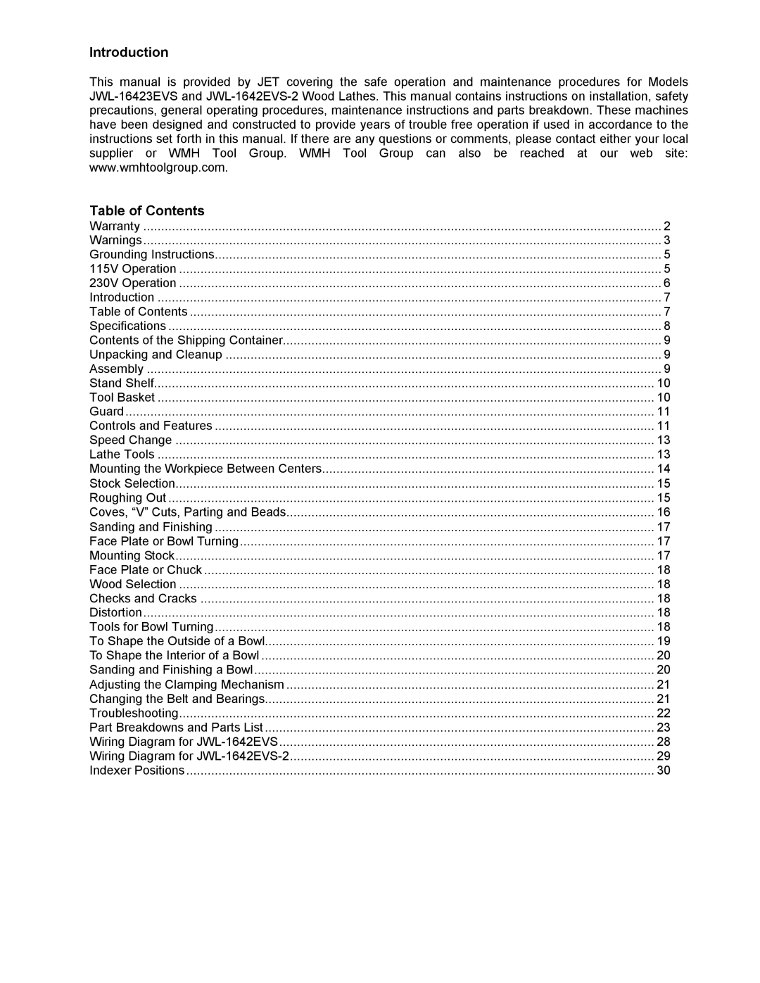 Jet Tools JWL-1642EVS-2 operating instructions Introduction Table of Contents 